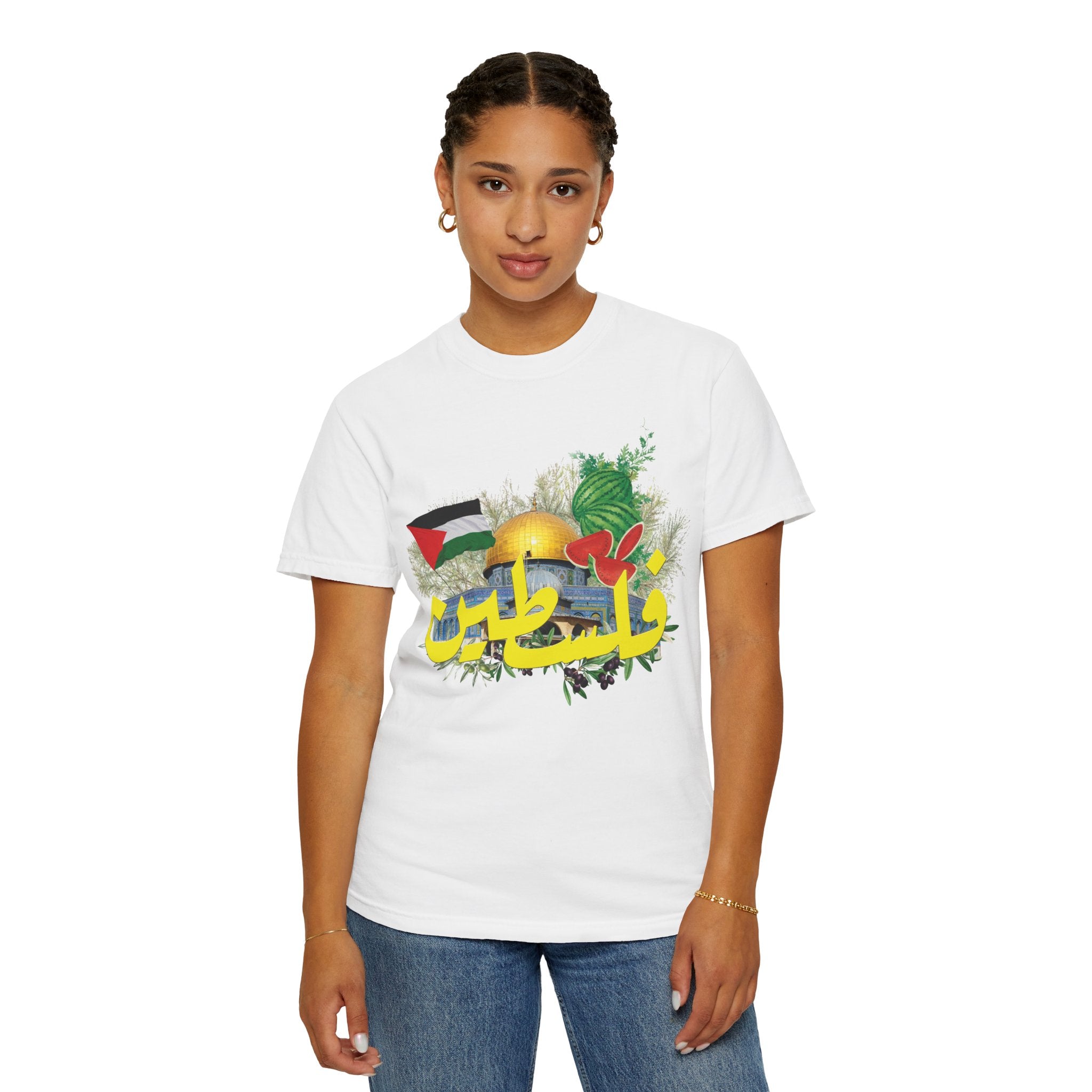 Palestine Heritage T-Shirt — Dome of the Rock Arabic Script with Flag